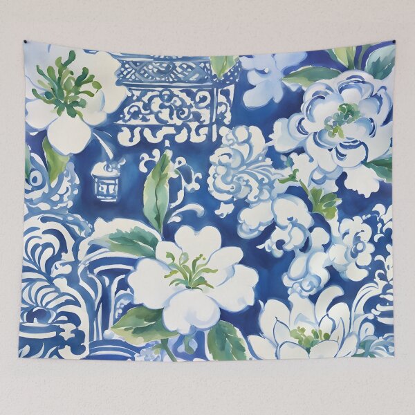 Item preview, Blue and white watercolor chinoiserie pattern designed and sold by SophieClimaArt.