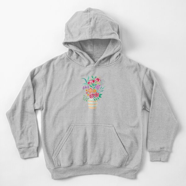 Vase of Gouache Folk Flowers 1 on Blue Kids Pullover Hoodie