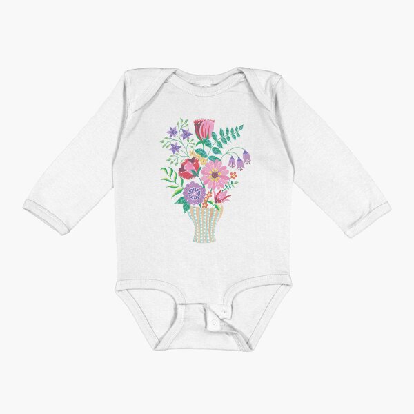 Vase of Gouache Folk Flowers 3 on Blue Long Sleeve Baby One-Piece