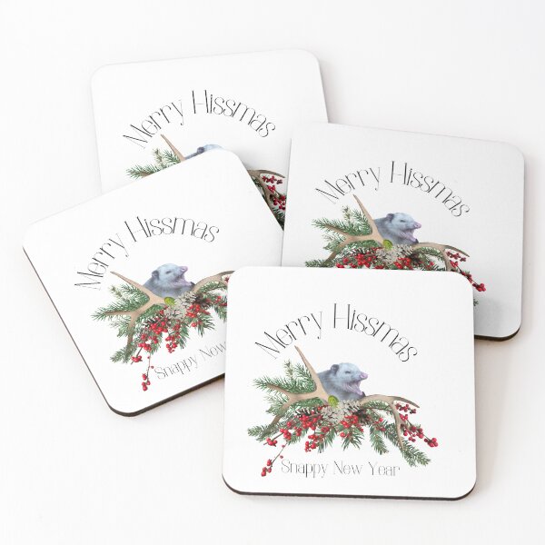 Item preview, Merry Hissmas Snappy New Year Opossum in Greenery with Antlers designed and sold by Greenbirdfarm.
