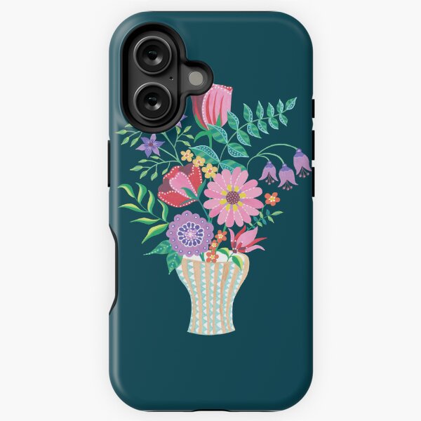Vase of Gouache Folk Flowers 3 on Teal iPhone Tough Case