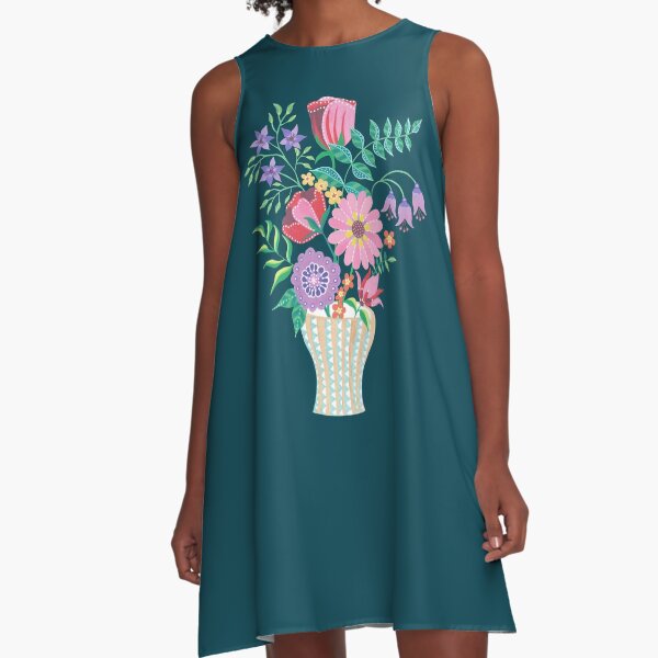 Vase of Gouache Folk Flowers 3 on Teal A-Line Dress