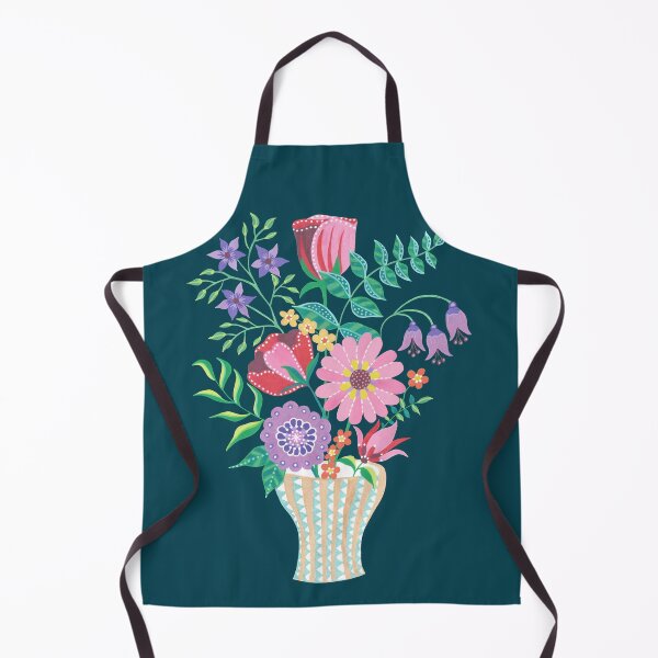 Vase of Gouache Folk Flowers 3 on Teal Apron