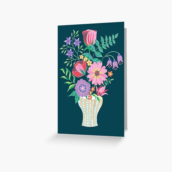 Vase of Gouache Folk Flowers 3 on Teal Greeting Card