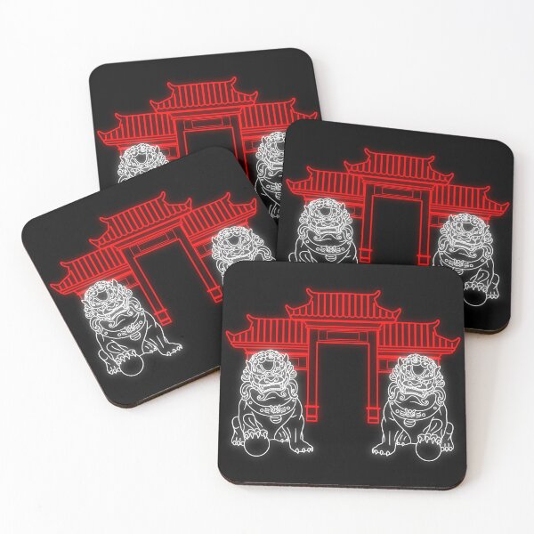 Item preview, chinese lion statues neon line art designed and sold by fionehneh.