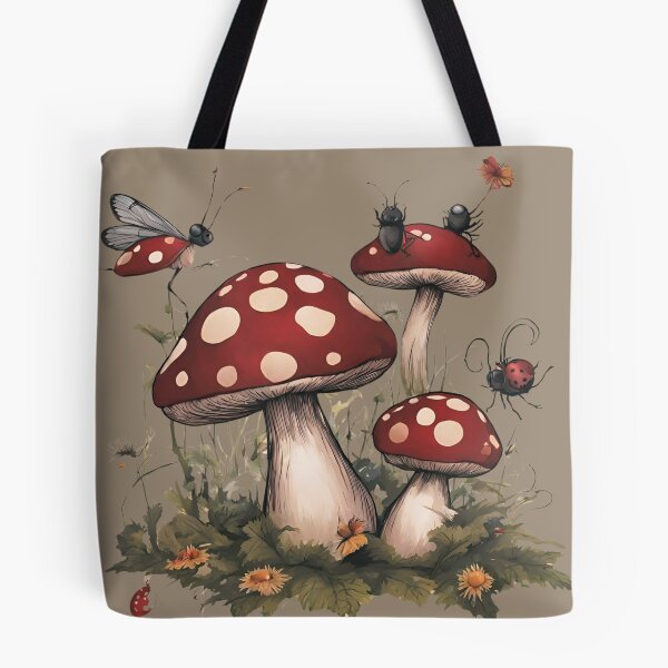 Item preview, Dark Cottagecore Goblincore Mushrooms Toadstool with Lady Bugs designed and sold by MeadowLoom.