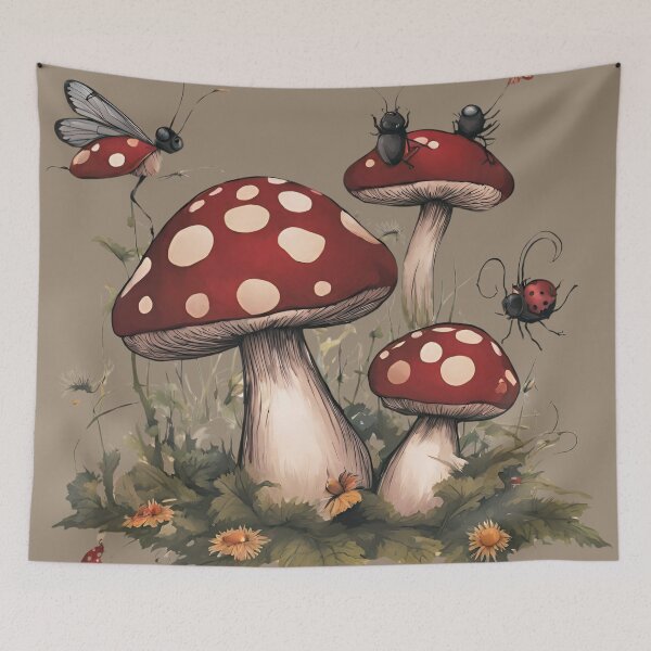 Item preview, Dark Cottagecore Goblincore Mushrooms Toadstool with Lady Bugs designed and sold by MeadowLoom.