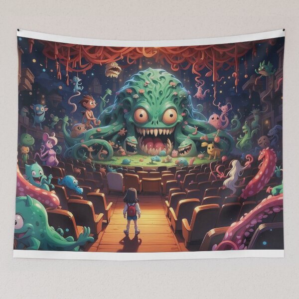 Item preview, Fun Anime Inspired Young Girl With Crazy Cute Colorful Kawaii Monsters in a Theatre designed and sold by BardCoreDesigns.