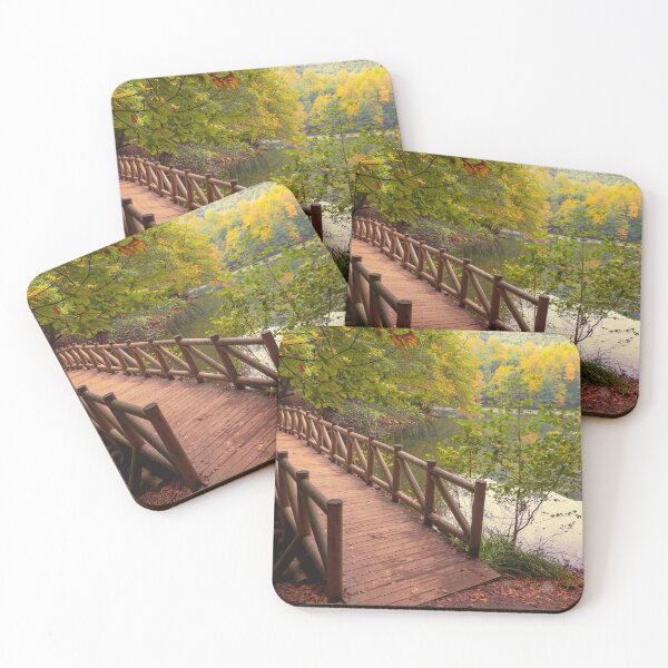 Item preview, Perspective view of wooden bridge over the lake in autumn designed and sold by fotoryum.