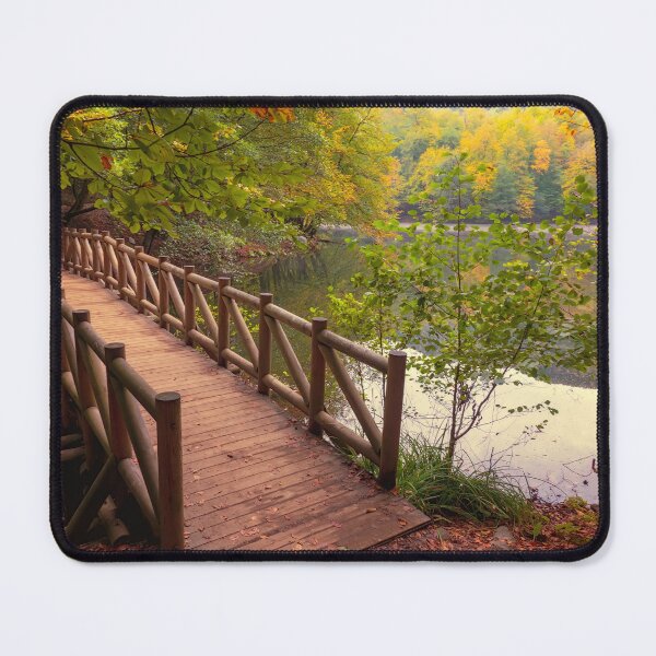 Item preview, Perspective view of wooden bridge over the lake in autumn designed and sold by fotoryum.