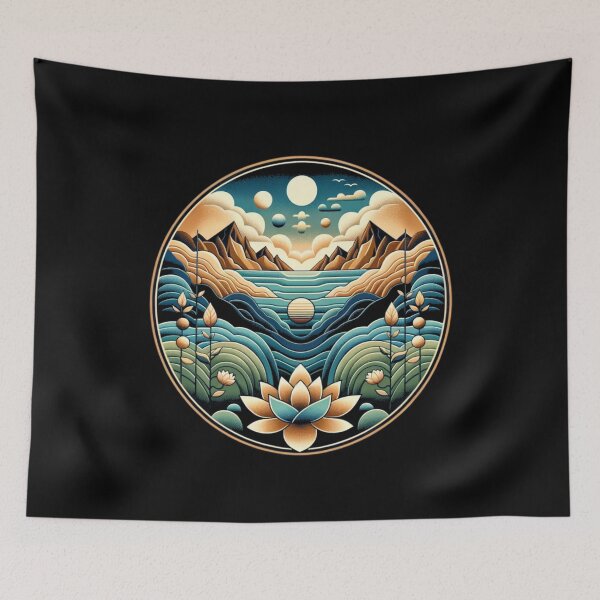 Item preview, Lotus Harmony: A Mystical Moonlit Mountain Landscape designed and sold by ChromaticBlend.
