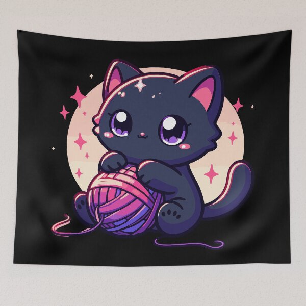 Item preview, Cat and knitting kawaii cat with yarn ball designed and sold by TomFrontierArt.