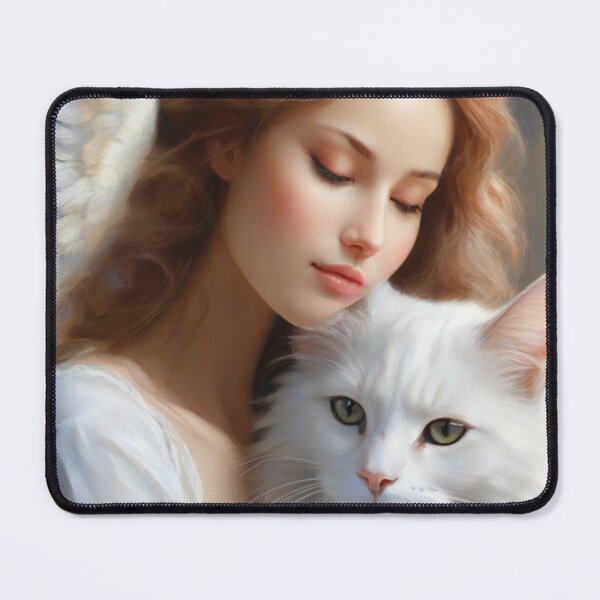 Item preview, Painting of an lady Angel hugging a white cat designed and sold by PawPawa.