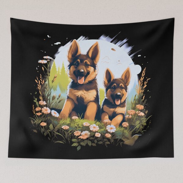 Item preview, Cute german shepherd dog breed puppies playing in nature illustration designed and sold by NBSStore.