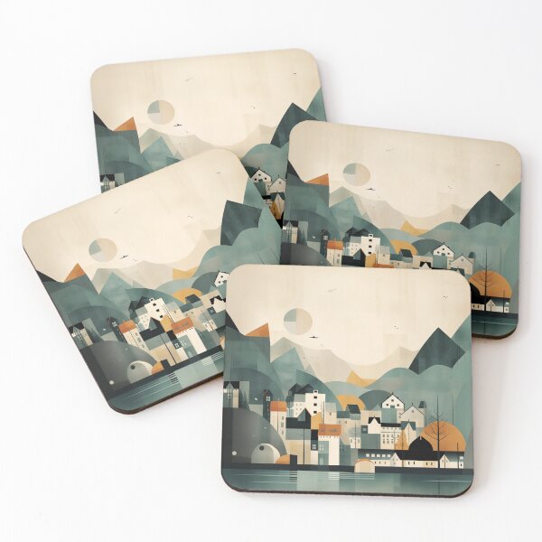 Item preview, Minimal modern scandinavian landscape in grey gold and teal designed and sold by CiniAi.