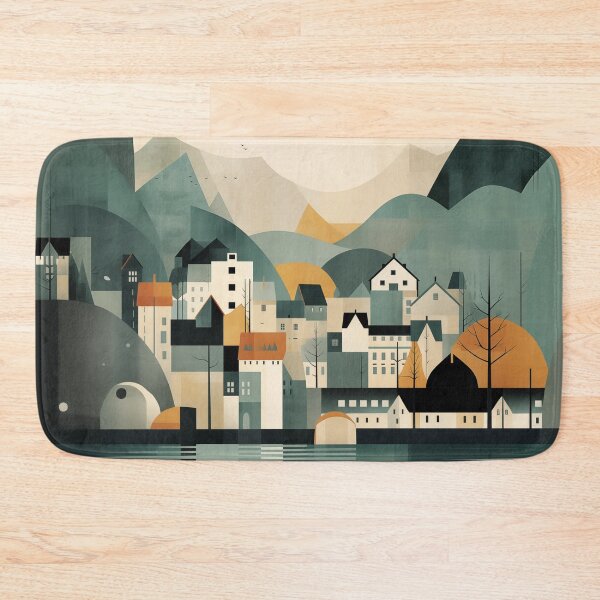 Item preview, Minimal modern scandinavian landscape in grey gold and teal designed and sold by CiniAi.