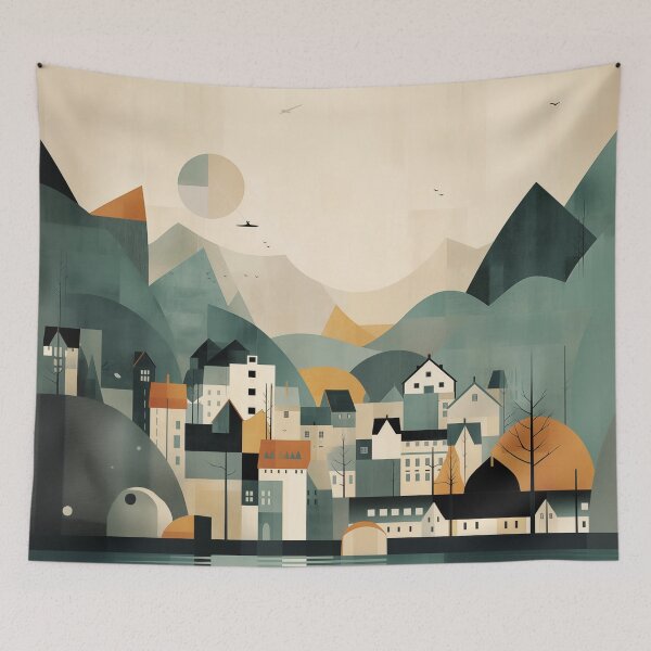 Item preview, Minimal modern scandinavian landscape in grey gold and teal designed and sold by CiniAi.