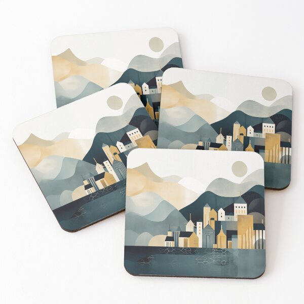 Item preview, Minimal modern scandinavian landscape in grey gold and teal designed and sold by CiniAi.