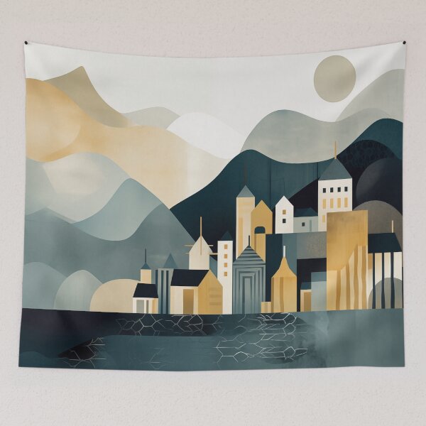 Item preview, Minimal modern scandinavian landscape in grey gold and teal designed and sold by CiniAi.