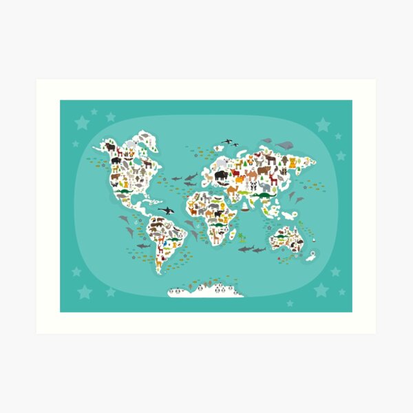 Impression Artistique Carte Du Monde Des Animaux De Dessin Anime Pour Les Enfants Et Les Enfants Les Animaux De Partout Dans Le Monde Les Continents Blancs Et Les Iles Sur Fond