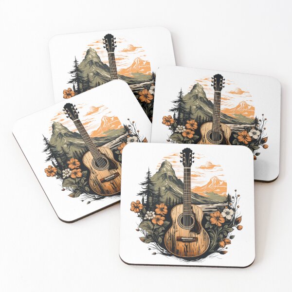 Item preview, Woodcut-style Guitar and Snowy Mountains designed and sold by BouquetlikeLove.