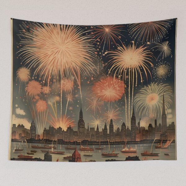 Item preview, vintage fireworks new years eve poster designed and sold by dcrc.
