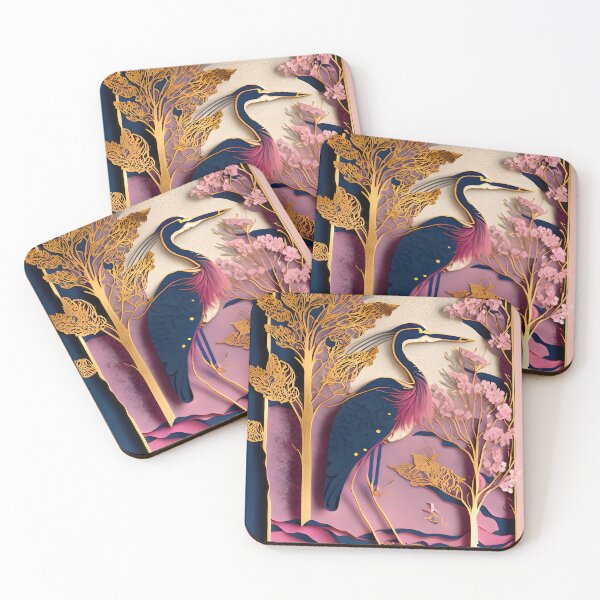 Item preview, Heron, Gold, Layered Paper, Paper Cut, Blooms, Flowers, Blossom, Floral, Tree, Blue, Dark Blue, Pink designed and sold by Golden-Feathers.