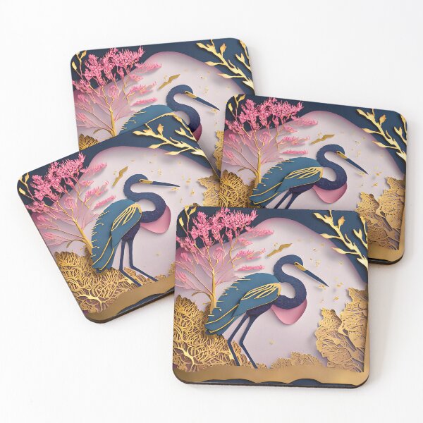 Item preview, Heron, Gold, Layered Paper, Paper Cut, Blooms, Flowers, Blossom, Floral, Tree, Blue, Dark Blue, Pink designed and sold by Golden-Feathers.