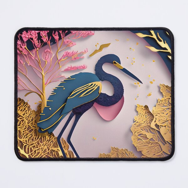 Item preview, Heron, Gold, Layered Paper, Paper Cut, Blooms, Flowers, Blossom, Floral, Tree, Blue, Dark Blue, Pink designed and sold by Golden-Feathers.