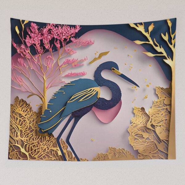 Item preview, Heron, Gold, Layered Paper, Paper Cut, Blooms, Flowers, Blossom, Floral, Tree, Blue, Dark Blue, Pink designed and sold by Golden-Feathers.