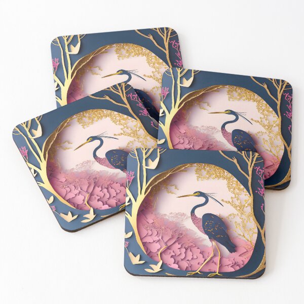 Item preview, Heron, Gold, Layered Paper, Paper Cut, Blooms, Flowers, Blossom, Floral, Tree, Blue, Dark Blue, Pink designed and sold by Golden-Feathers.
