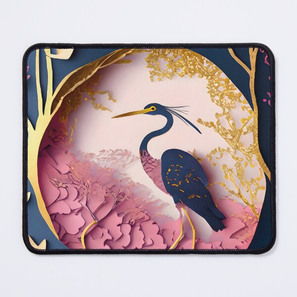 Item preview, Heron, Gold, Layered Paper, Paper Cut, Blooms, Flowers, Blossom, Floral, Tree, Blue, Dark Blue, Pink designed and sold by Golden-Feathers.