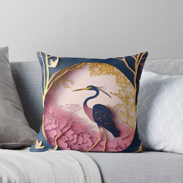 Item preview, Heron, Gold, Layered Paper, Paper Cut, Blooms, Flowers, Blossom, Floral, Tree, Blue, Dark Blue, Pink designed and sold by Golden-Feathers.