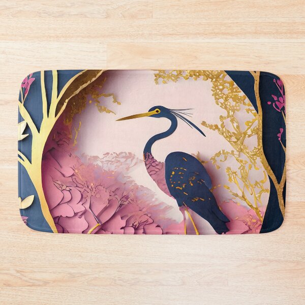 Item preview, Heron, Gold, Layered Paper, Paper Cut, Blooms, Flowers, Blossom, Floral, Tree, Blue, Dark Blue, Pink designed and sold by Golden-Feathers.