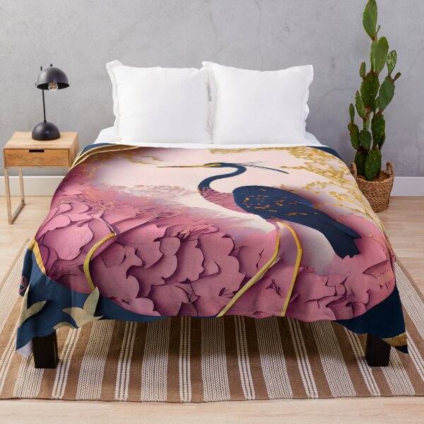 Item preview, Heron, Gold, Layered Paper, Paper Cut, Blooms, Flowers, Blossom, Floral, Tree, Blue, Dark Blue, Pink designed and sold by Golden-Feathers.