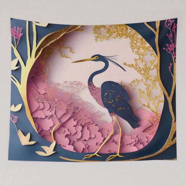 Item preview, Heron, Gold, Layered Paper, Paper Cut, Blooms, Flowers, Blossom, Floral, Tree, Blue, Dark Blue, Pink designed and sold by Golden-Feathers.