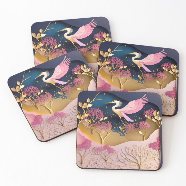 Item preview, Heron, Gold, Layered Paper, Paper Cut, Blooms, Flowers, Blossom, Floral, Tree, Blue, Dark Blue, Pink designed and sold by Golden-Feathers.