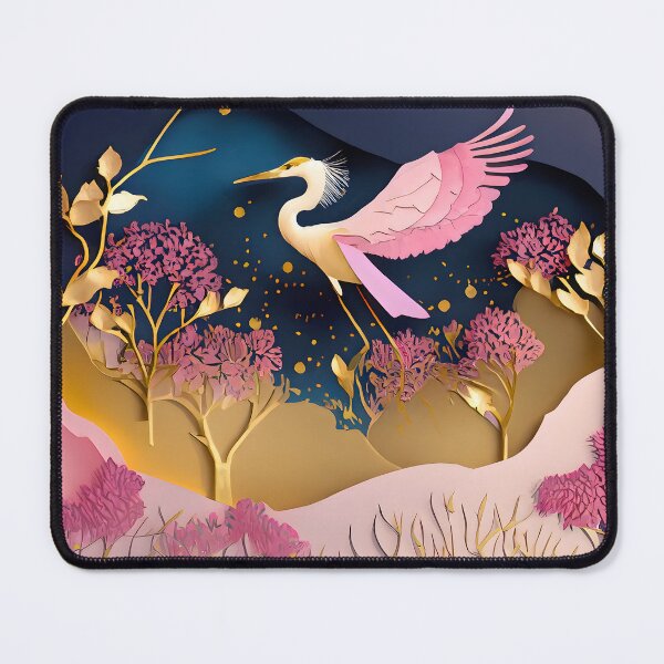 Item preview, Heron, Gold, Layered Paper, Paper Cut, Blooms, Flowers, Blossom, Floral, Tree, Blue, Dark Blue, Pink designed and sold by Golden-Feathers.
