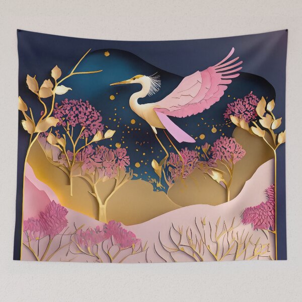 Item preview, Heron, Gold, Layered Paper, Paper Cut, Blooms, Flowers, Blossom, Floral, Tree, Blue, Dark Blue, Pink designed and sold by Golden-Feathers.