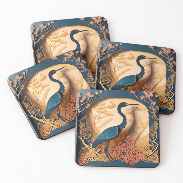 Item preview, Heron, Gold, Layered Paper, Paper Cut, Blooms, Flowers, Blossom, Floral, Tree, Blue, Dark Blue, Orange designed and sold by Golden-Feathers.