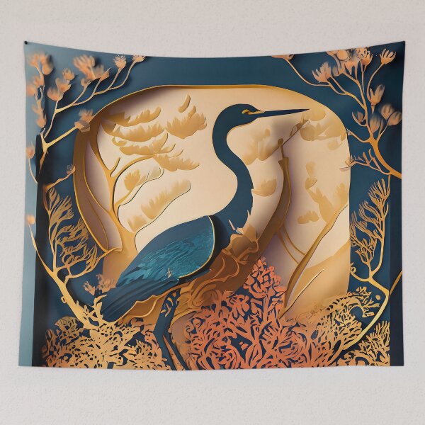 Item preview, Heron, Gold, Layered Paper, Paper Cut, Blooms, Flowers, Blossom, Floral, Tree, Blue, Dark Blue, Orange designed and sold by Golden-Feathers.