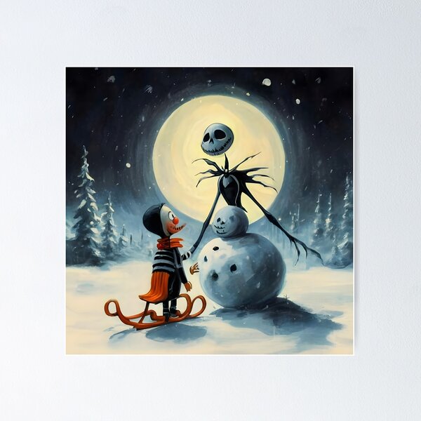 Item preview, Jack Skellington is standing on a little sledge and gives a black scarf to a big snowman designed and sold by VibraArt.