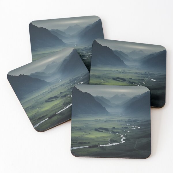 Item preview, Misty river in a green valley with mountains long exposure - Landscape photography designed and sold by TheArtistOf2022.