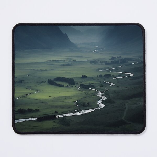 Item preview, Misty river in a green valley with mountains long exposure - Landscape photography designed and sold by TheArtistOf2022.
