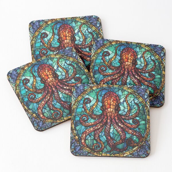 Item preview, colorful stained glass with animals, octopus, kraken designed and sold by GroonSpace.