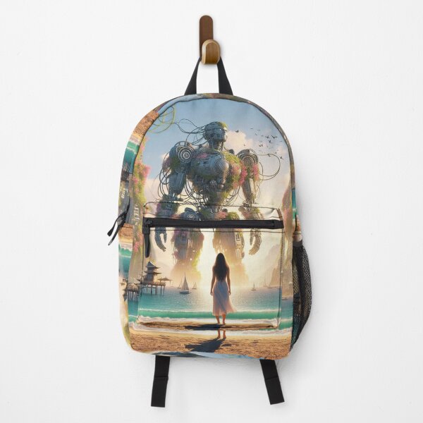 Item preview, Woman Looking at Giant Robot at the Beach - Cyberpunk designed and sold by Design Raptor.