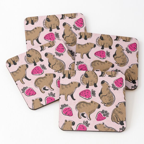 Item preview, Capyberries // cotton candy pink background cute happy capybaras animals fuchsia pink strawberries fruits summer block print lino cut look designed and sold by SelmaCardoso.