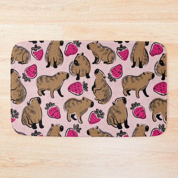 Item preview, Capyberries // cotton candy pink background cute happy capybaras animals fuchsia pink strawberries fruits summer block print lino cut look designed and sold by SelmaCardoso.