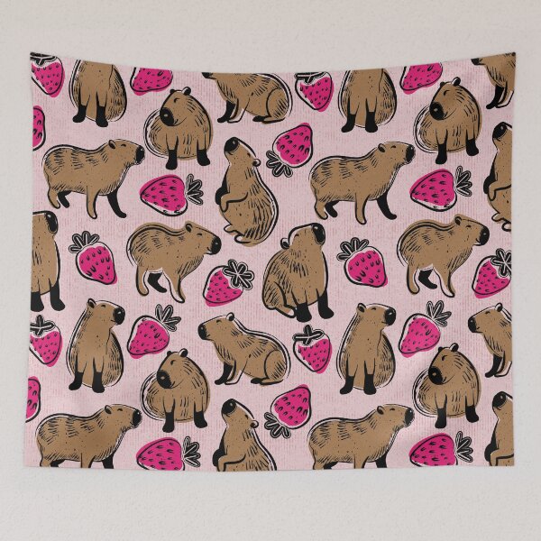 Item preview, Capyberries // cotton candy pink background cute happy capybaras animals fuchsia pink strawberries fruits summer block print lino cut look designed and sold by SelmaCardoso.