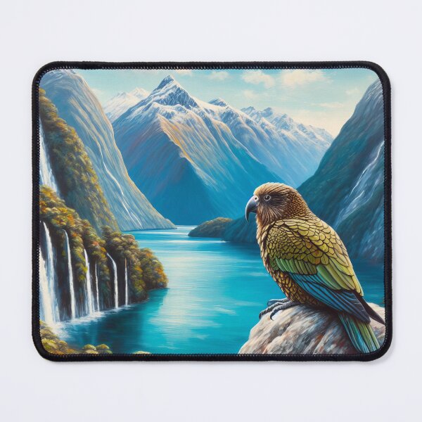 Item preview, New Zealand Kea with the Milford Sound in the background designed and sold by Kathysartroom.